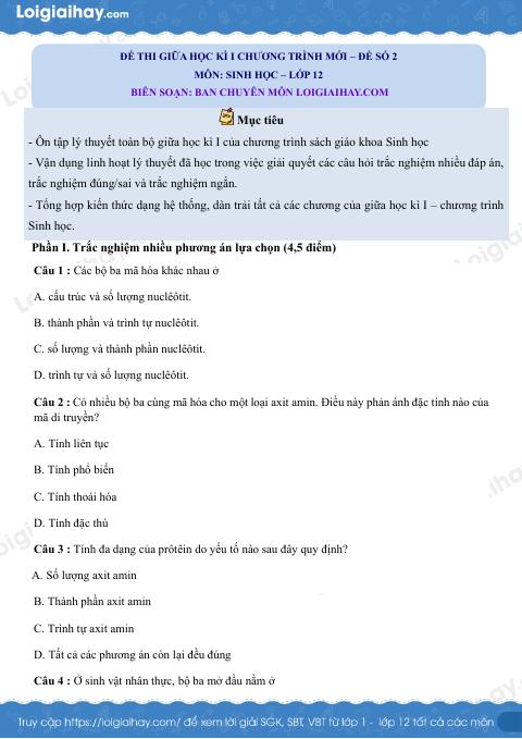 Đề thi giữa kì 1 Sinh 12 Cánh diều - Đề số 2